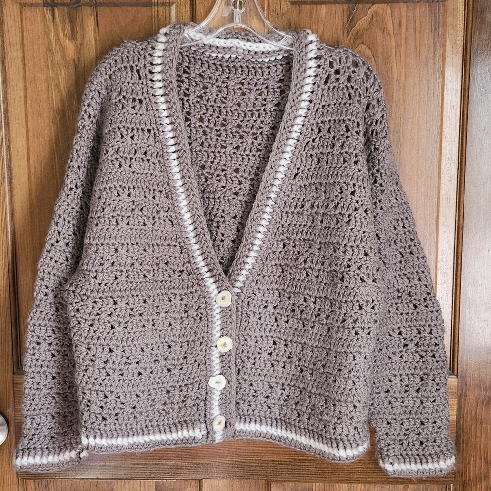 Hand Crochet Cardigan Sweater Taupe Brown with Buttons Made Of Antler